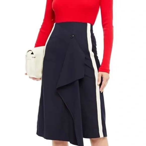 Maje Navy Jidaia Striped Drape Detail Midi Skirt